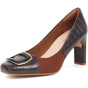 Benassal Brown Croc-Embossed Block Heel Pumps with Buckle Accent